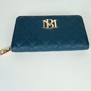 BADGLEY MISCHKA Quilted Continental Wallet Teal Blue Gold Vegan Leather Clutch